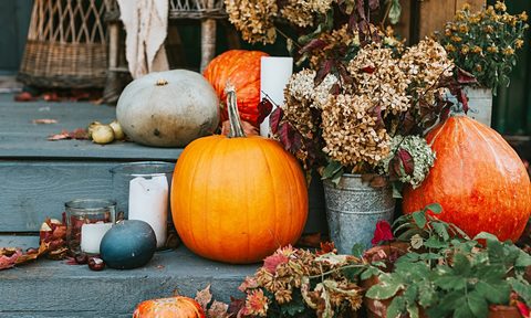 Fall pumpkin decor and flowers on stairs
