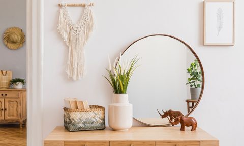 Mirror and green plant on an entryway table