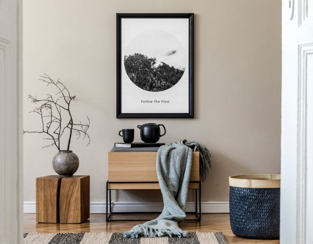 modern Scandinavian living room black and white decor