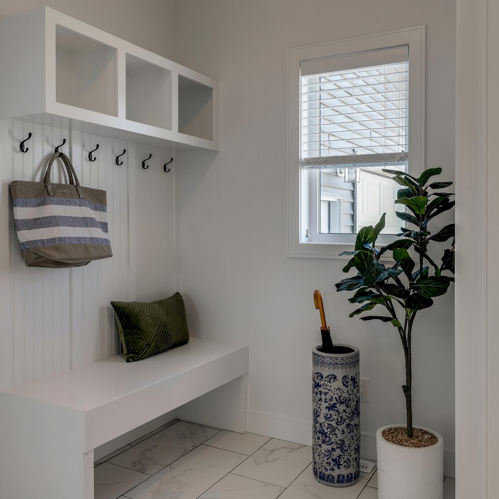 White painted mudroom