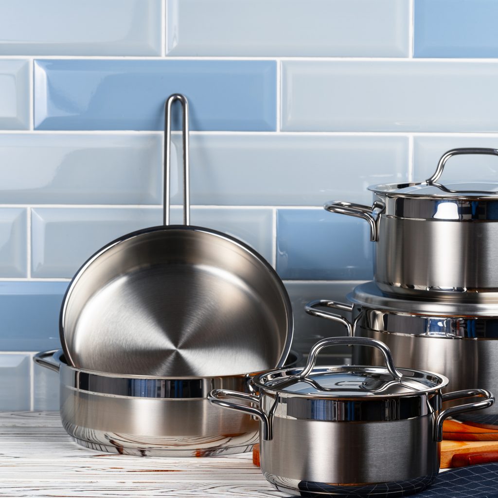 Pots and pans in a blue kitchen