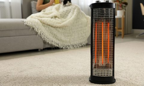 Space heater in living room where woman and cat are sitting