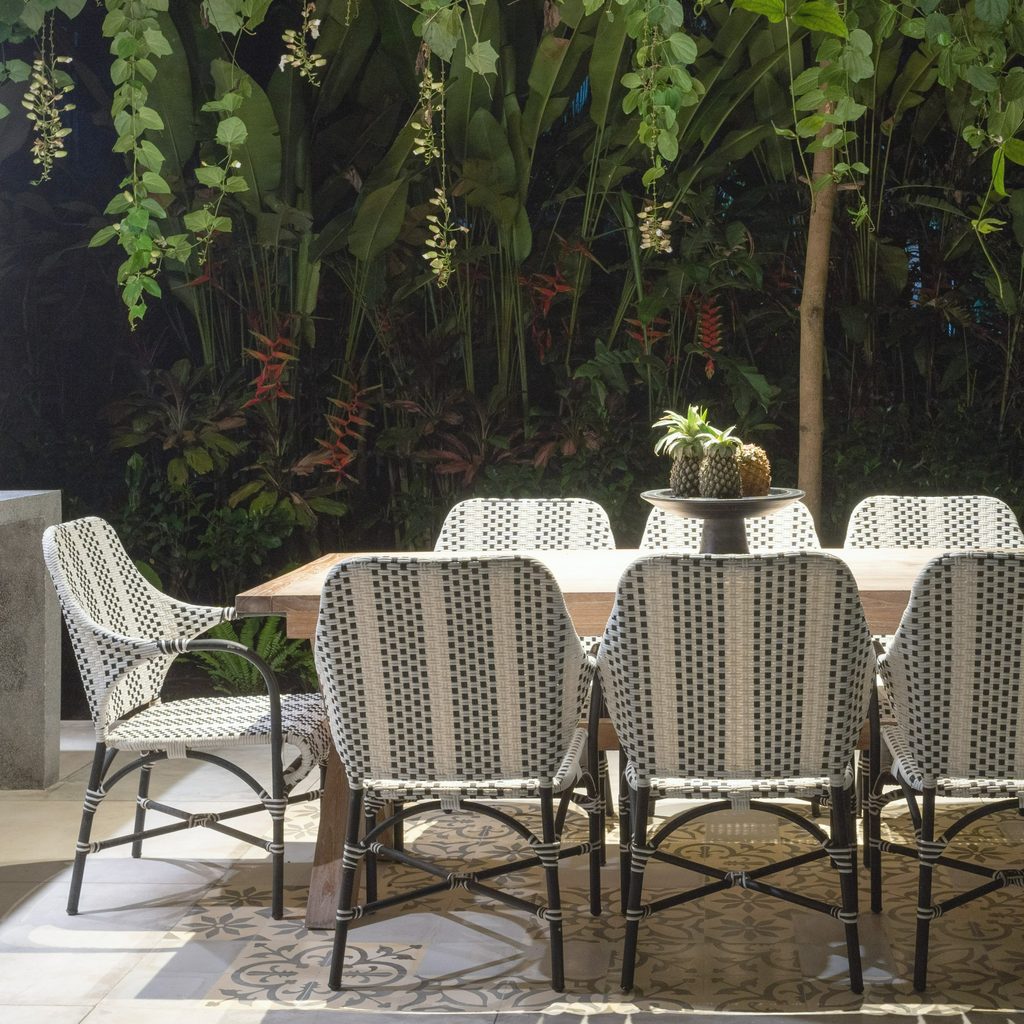 Patio table and chairs with tree backdrop