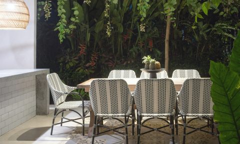 Patio table and chairs with tree backdrop