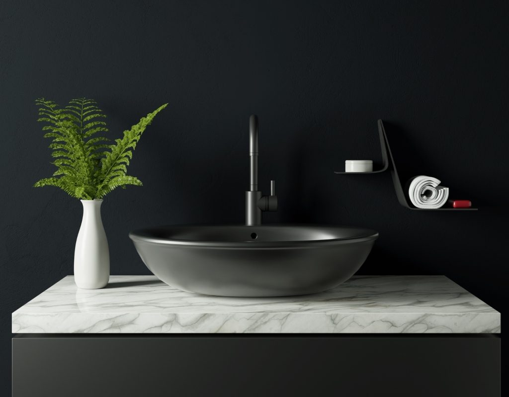 Black bathroom wall with black sink and plant decor