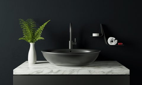 Black bathroom wall with black sink and plant decor