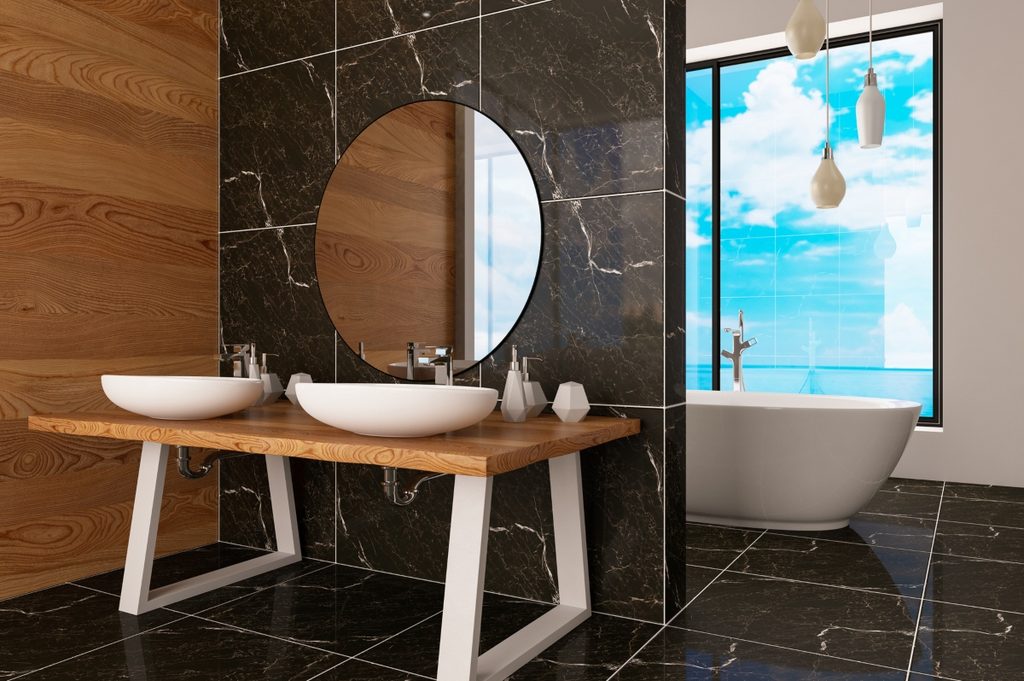 Black tiled bathroom wall with natural wood pieces