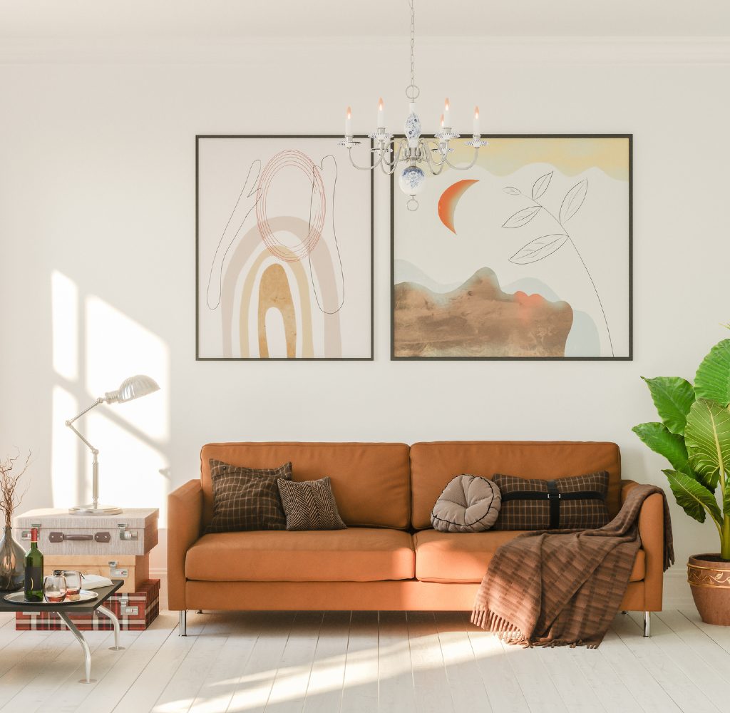 Living room in boho colors.