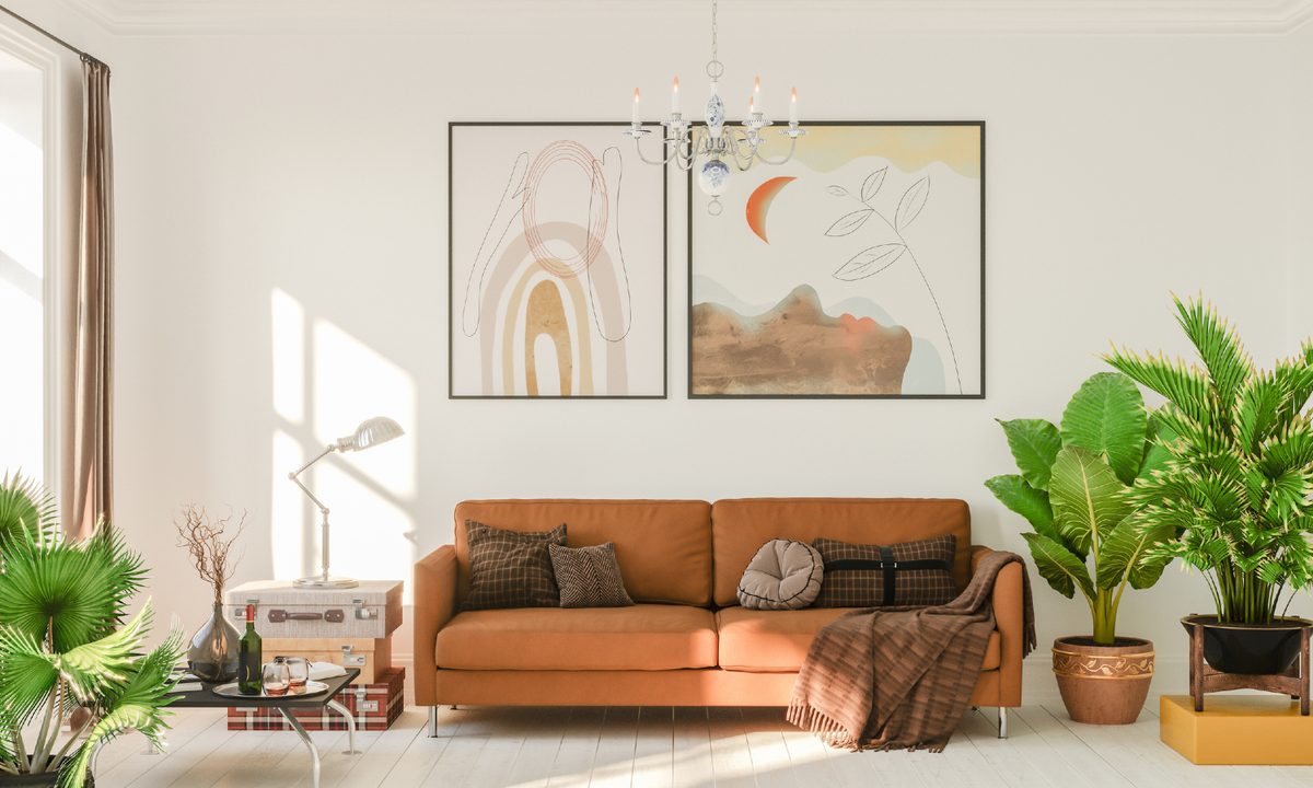 Living room in boho colors.