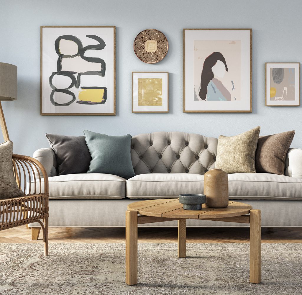Living room in boho colors.
