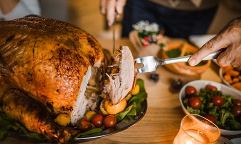 Person carving a thanksgiving turkey