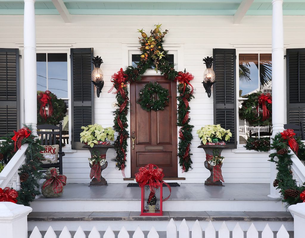 Front porch decorated for the holiday