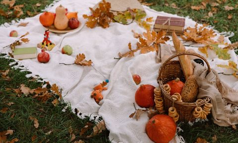 Fall, Harvest, and Thanksgiving decorations on an outdoor blanket.