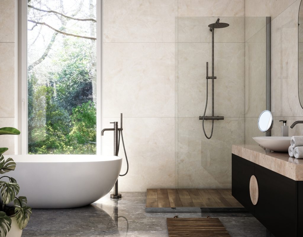 modern bathroom with frameless glass shower door