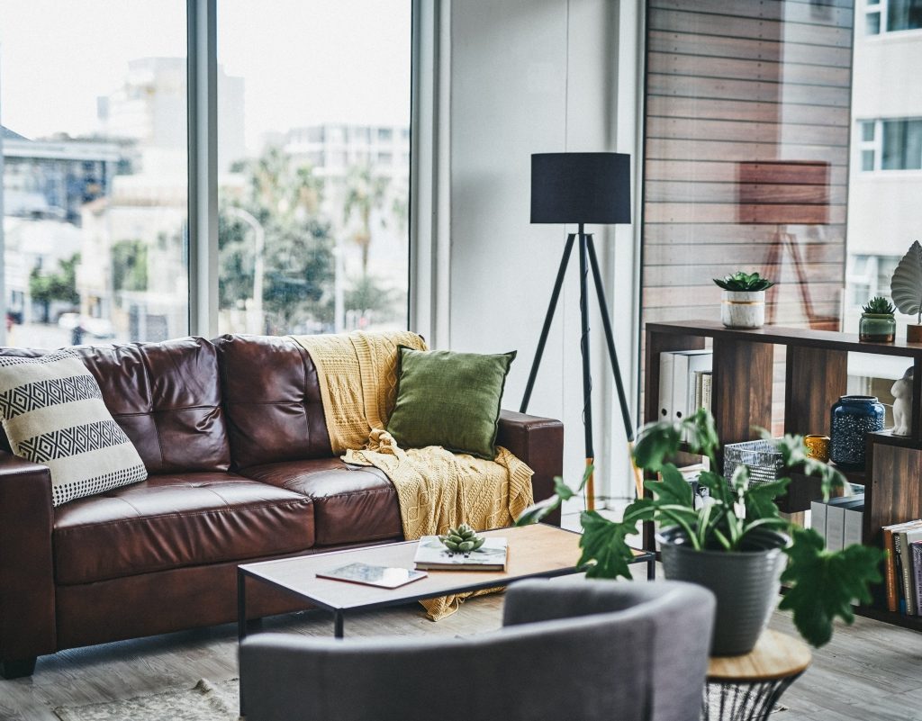 living room with leather couch and plants