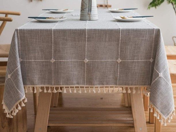Meidong linen and cotton tablecloth with tassel edges and stitching.