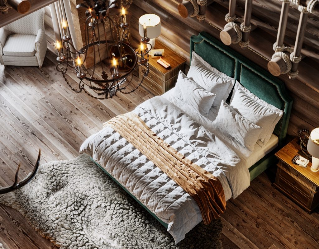 modern cabin bedroom with light colored fabrics