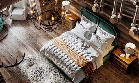 modern cabin bedroom with light colored fabrics