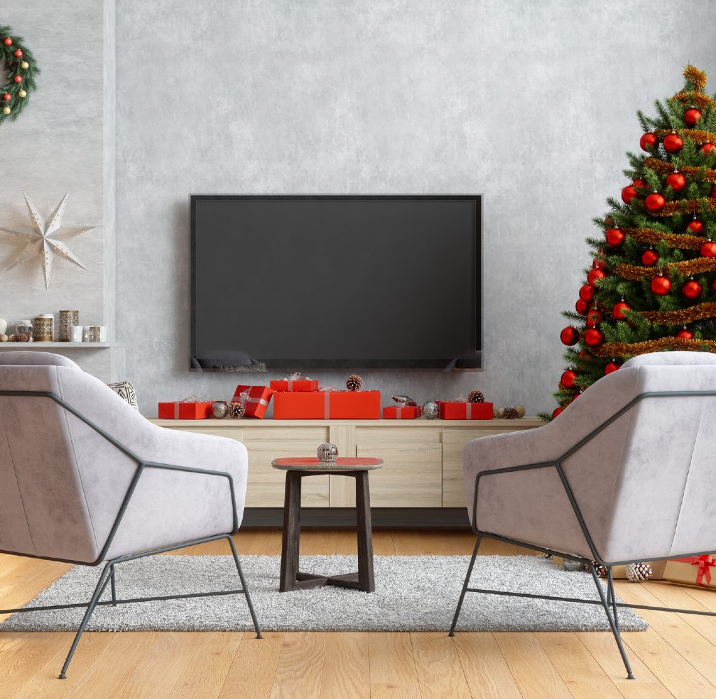 Modern christmas decorations in living room.