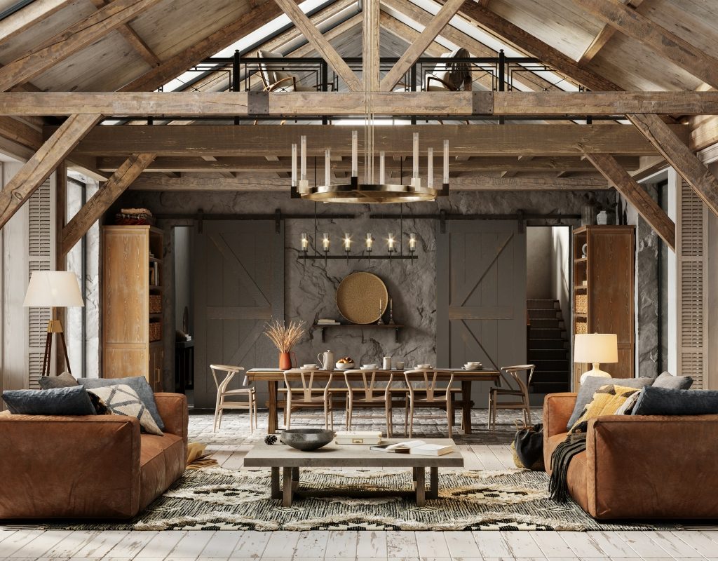 modern log cabin living room and dining room interior design