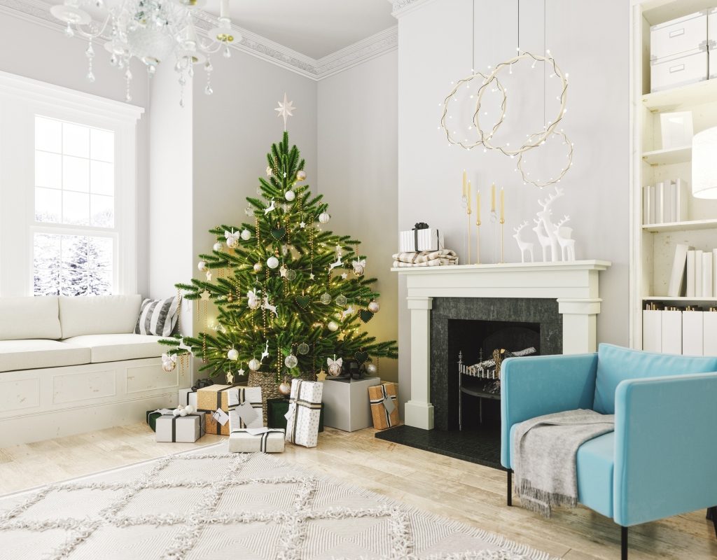 a modern white living room with christmas decor