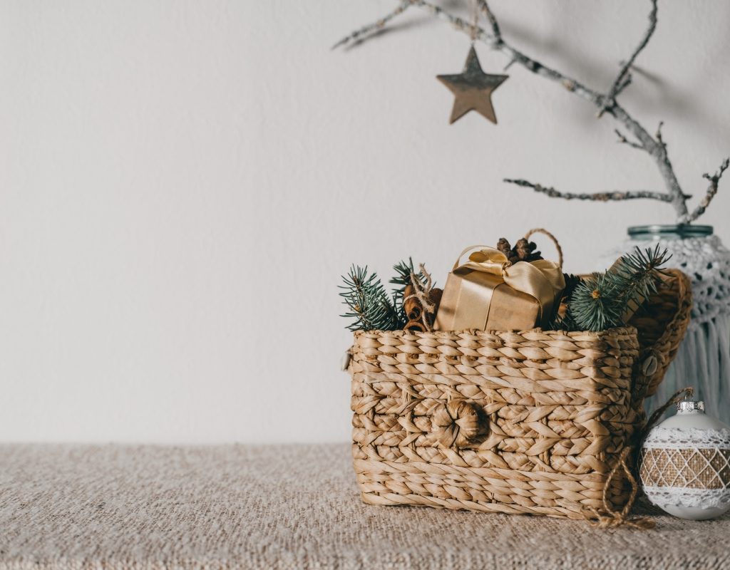 neutral minimalist holiday decor in a basket