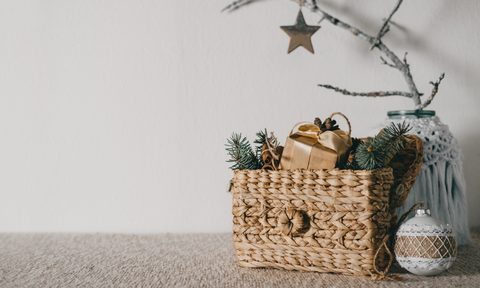 Neutral minimalist holiday decor in a basket