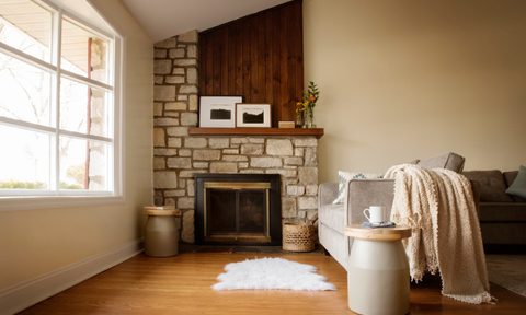 Decluttered mantle with art and plant.