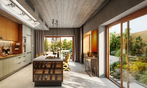 modern and open kitchen with large glass windows