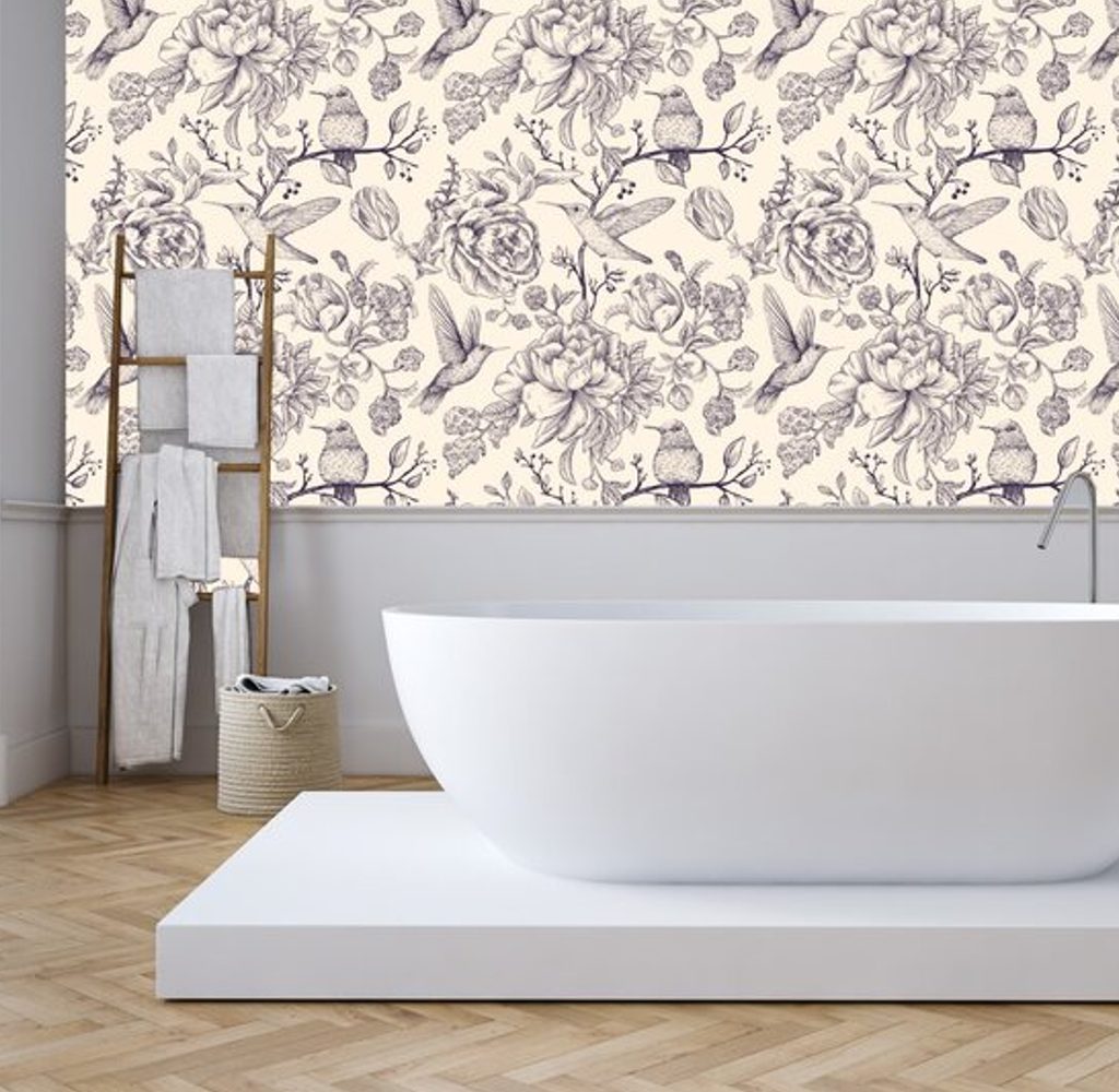 Peonies Cottagecore Wallpaper in Bathroom.