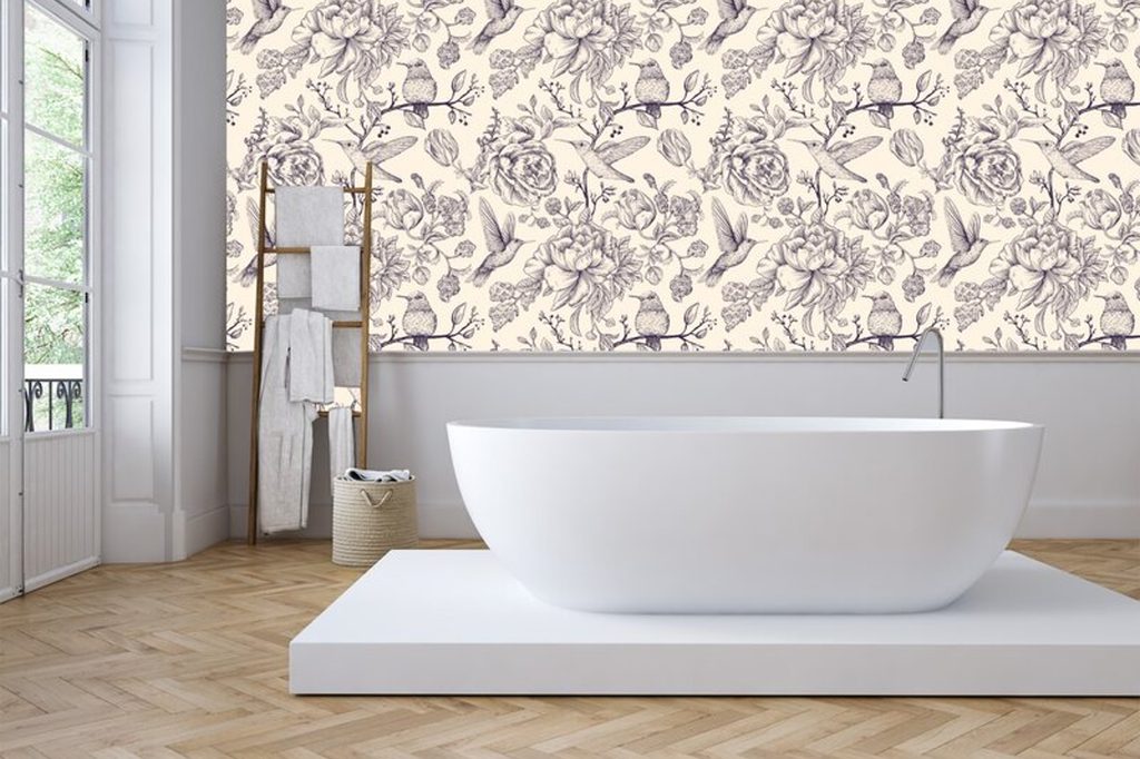 Peonies Cottagecore Wallpaper in Bathroom.