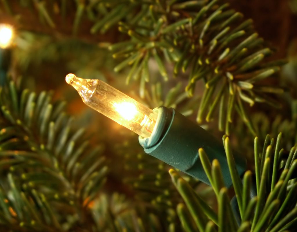 Closeup of a bulb on a Christmas tree