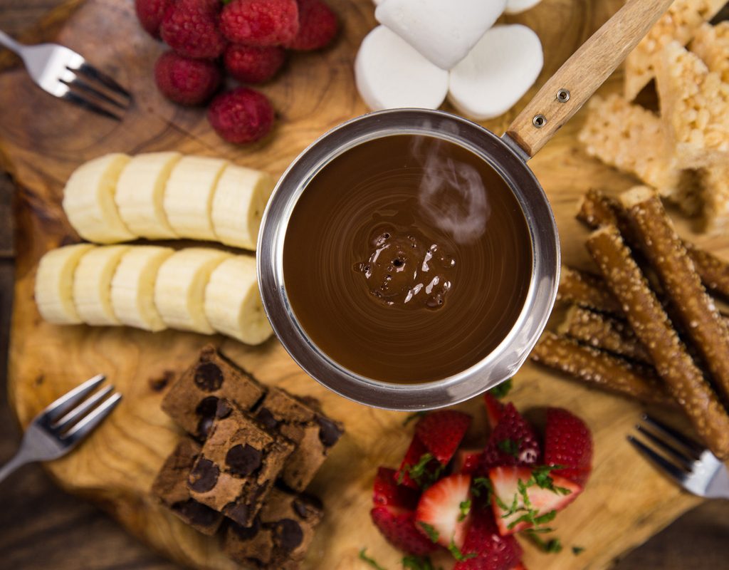 Chocolate fondue pretzels and fruit