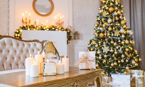 christmas holiday decor with gold and white tree