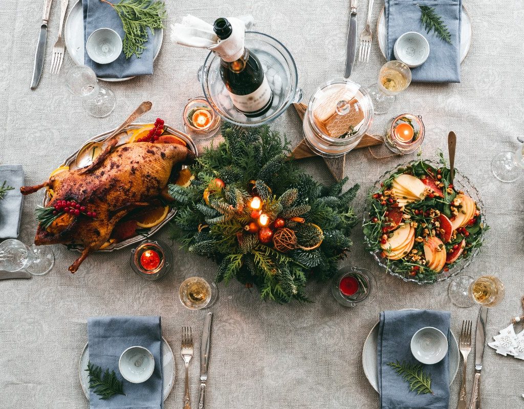 Christmas table setting with food