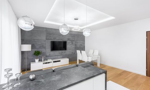 Modern home with soapstone countertop and concrete wall
