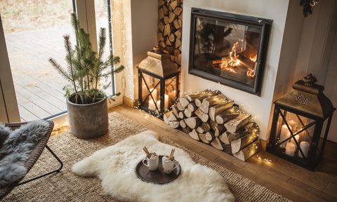 Cozy rustic living room design in winter