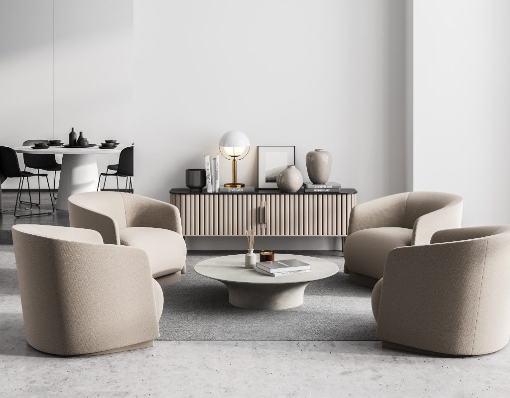 curved chairs with circular coffee table in living room