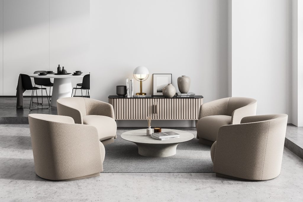 curved chairs with circular coffee table in living room