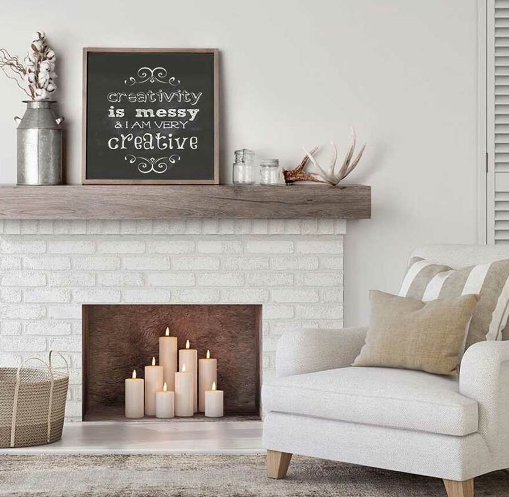 Floating mantle with farmhouse decorations.
