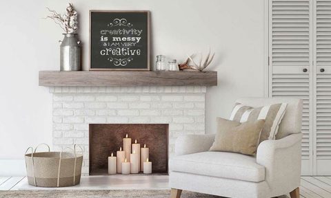 Floating mantle with farmhouse decorations.