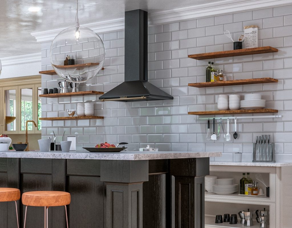 Floating shelves in a modern kitchen