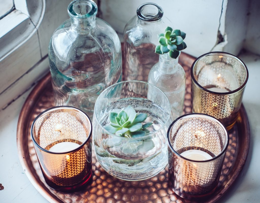 copper drink tray with glasses on top