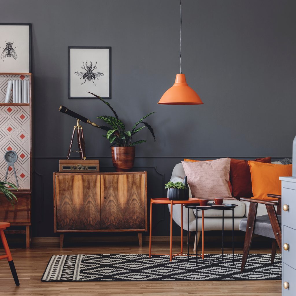 Gray and orange retro inspired living room