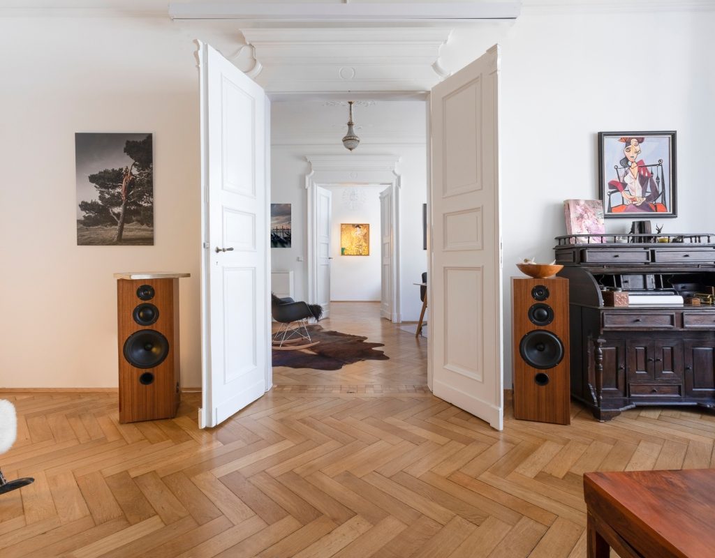 herringbone style wood floor in a living space