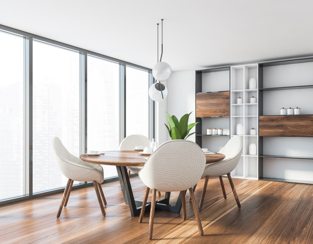 modern dining room with round chairs and table