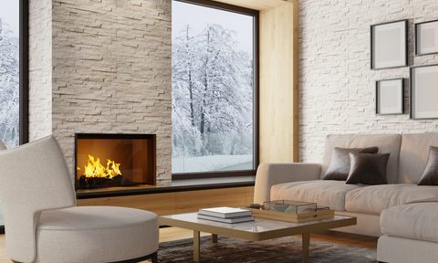 modern Scandinavian living room with a large fireplace