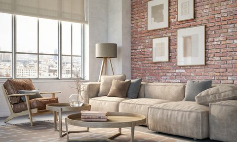 modern living room with exposed brick wall