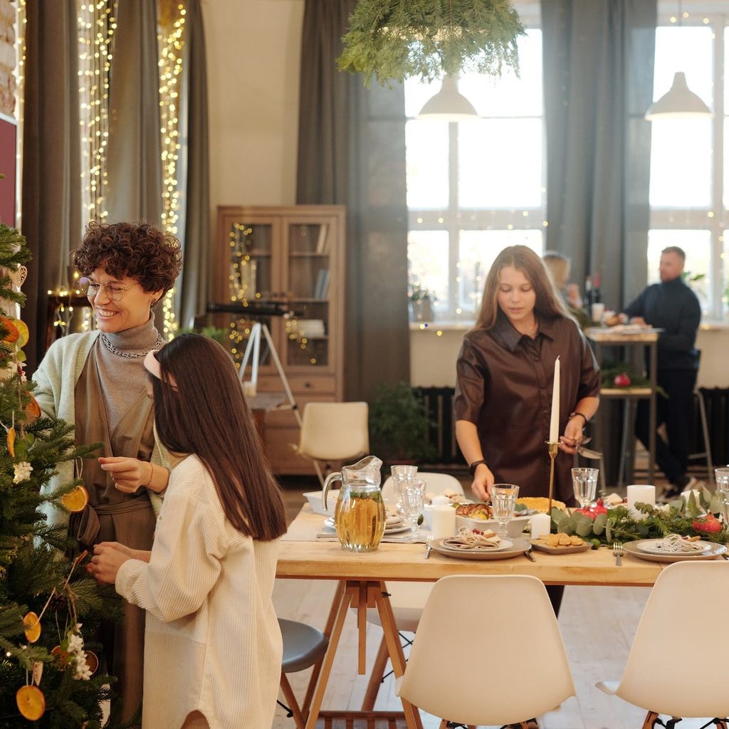 family preparing for Christmas dinner