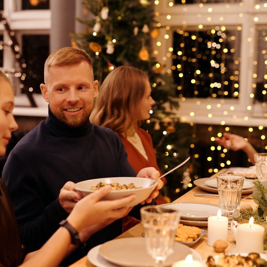 Family eating Christmas dinner
